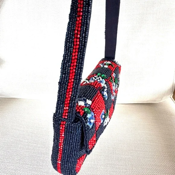 ANTHROPOLOGIE NWT The Fiona Beaded Checkered Floral Shoulder Bag Red Navy - Picture 3 of 8